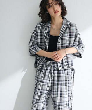 Green Parks 綿麻混裾ドロスト開襟シャツジャケット Check