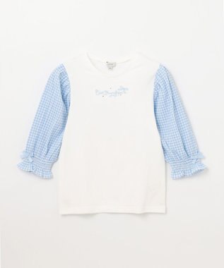 ANY KIDS 袖ギンガム 七分袖 Tシャツ オフホワイト×ブルーギンガム