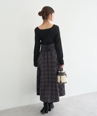 earth music&ecology バックレースアップスカート Check Navy