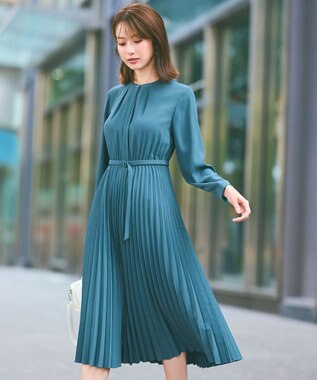 ANY SIS L 【洗える】ノーブルプリーツ ワンピース ピーコックグリーン