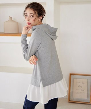 Tiaclasse L 【洗える】ポンチドッキングギャザーパーカー　 グレー×オフホワイト