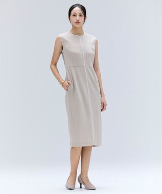 BEIGE， 【洗える・L-size】CINDY / クルーネックノースリーブワンピース Taupe × White