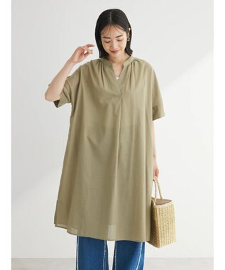 Green Parks 綿麻混スキッパーミニワンピース Khaki