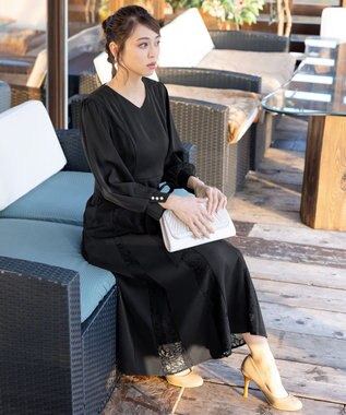 Tiaclasse L 【洗える】レース切り替えフレアワンピース ブラック