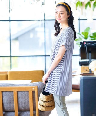 Tiaclasse 【洗える】体型カバーも叶うアシンメトリーストライプチュニックブラウス ネイビー