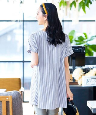 Tiaclasse 【洗える】体型カバーも叶うアシンメトリーストライプチュニックブラウス ネイビー