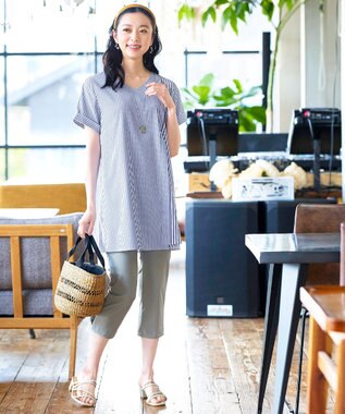 Tiaclasse 【洗える】体型カバーも叶うアシンメトリーストライプチュニックブラウス ネイビー