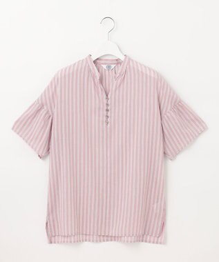 J.PRESS LADIES 【洗える】綿キュプラコードストライプ キーネック ブラウス ピンク系1