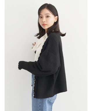 earth music&ecology スカラップニットカーディガン Black