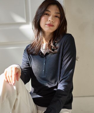 ANY クリアラメフライスヘンリーネックプルオーバー ネイビー