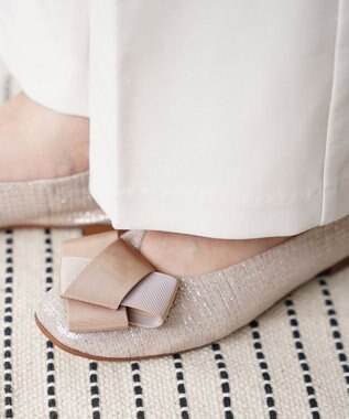 nouvelleRobe Oū サイズ追加【本革・高反発】Big Ribbon スクエアトゥ パンプス ベージュメタリック