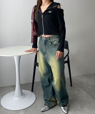 WEGO オープンショルダーダブルジップパーカー ブラック