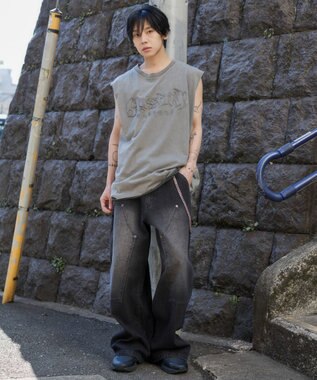 WEGO 【ユニセックス着用ITEM】ブリーチダメージアップリケノースリーブ グレー