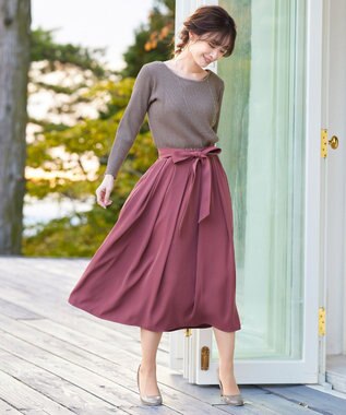 Tiaclasse L 【洗える】異素材を組み合わせたミモレ丈リブコンビワンピース モカ×ピンク