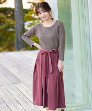 Tiaclasse L 【洗える】異素材を組み合わせたミモレ丈リブコンビワンピース モカ×ピンク