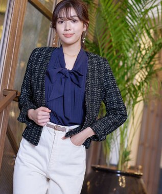 Tiaclasse L 【洗える】ラメチェックツイードジャケット ネイビー