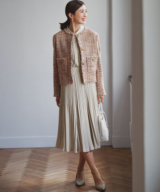 23区 L GIOLICAツイード ノーカラー ボタン ジャケット テラコッタミックス