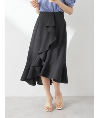 earth music&ecology アシメペプラムフレアバックレースミディ丈スカート Black