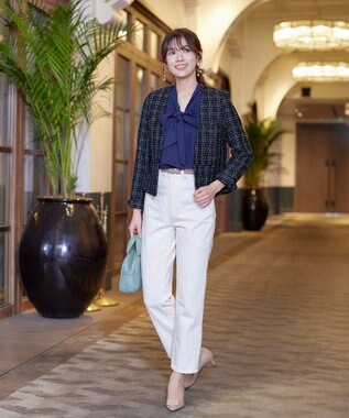 Tiaclasse L 【洗える】ラメチェックツイードジャケット ネイビー