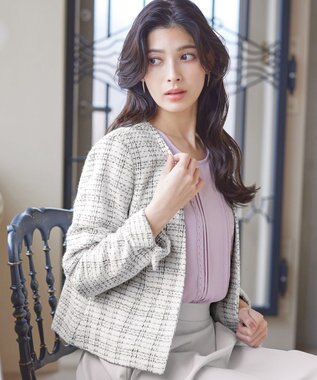 Tiaclasse L 【洗える】ラメチェックツイードジャケット オフホワイト