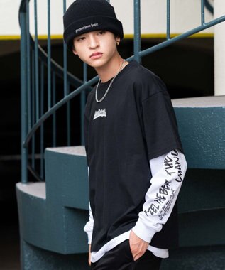 WEGO 【2点セット】アクセ付きアンサンブルグラフィックT（長袖） ブラック