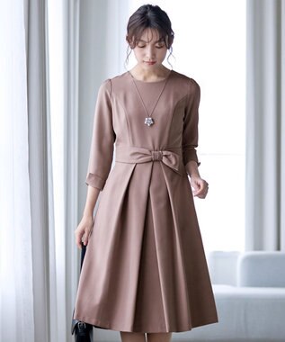 Tiaclasse 【セレモニー・新色追加・洗える】アシメリボンベルトフレアワンピース モカ