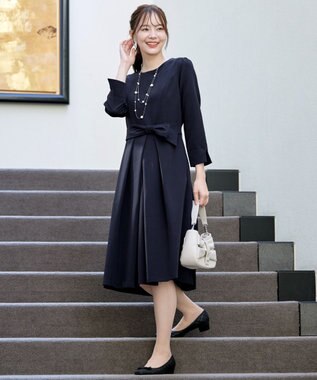 Tiaclasse 【セレモニー・新色追加・洗える】アシメリボンベルトフレアワンピース ネイビー