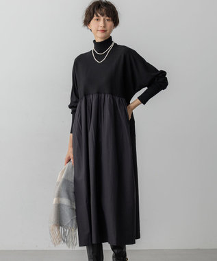 【洗える】ギャザーコンビ ニットワンピース