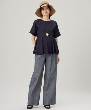 自由区 【洗える】コットンリネンシャンブレーワイドストレート パンツ インディゴ系