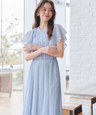 Tiaclasse 【小倉優子さん着用・洗える】フレアスリーブ柄ワンピース サックス