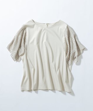 23区 L 【Lサイズ限定/洗える】スカーフプリントコンビ スリーブデザイン カットソー ベージュ×ブラック