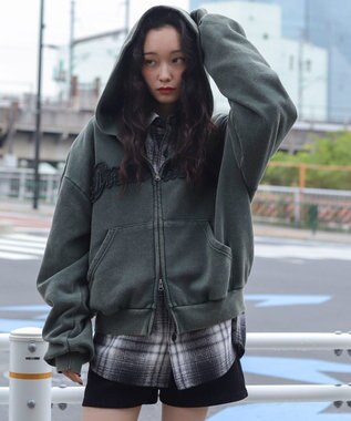 WEGO 【ユニセックス着用ITEM/MLサイズ展開】ショートグラフィックZIPパーカー ダークグリーン