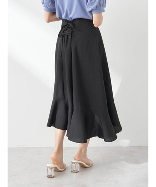 earth music&ecology アシメペプラムフレアバックレースミディ丈スカート Black