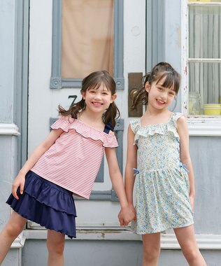 組曲 KIDS 【UVカット】【SS-Lサイズ】マリンストライプ スイムウェア(セパレート) コーラル