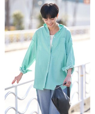 AMERICAN HOLIC ＵＶカット加工バックタックシャツチュニック Stripe Green