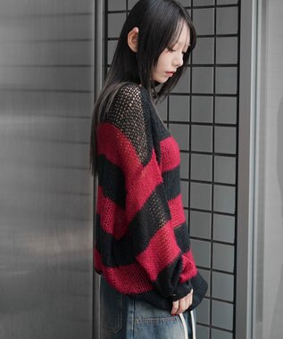 WEGO モヘアタッチボーダーBIGニット レッドボーダー