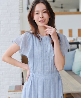 Tiaclasse 【小倉優子さん着用・洗える】フレアスリーブ柄ワンピース サックス