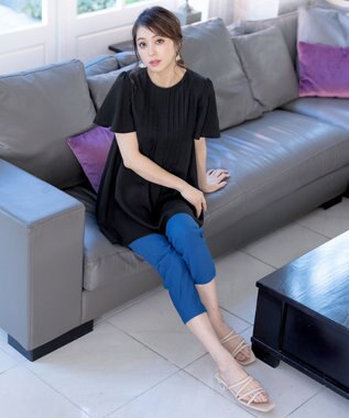 Tiaclasse L 【洗える】麻調ピンタックチュニックブラウス ブラック