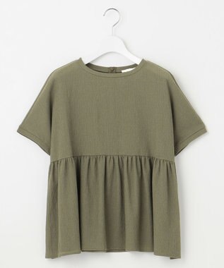 自由区 【洗える】リネンサッカーコンビペプラム カットソー オリーブ