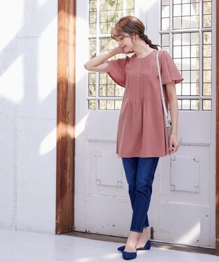 Tiaclasse L 【洗える】麻調ピンタックチュニックブラウス ピンク