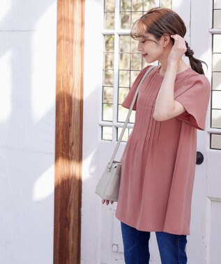 Tiaclasse L 【洗える】麻調ピンタックチュニックブラウス ピンク