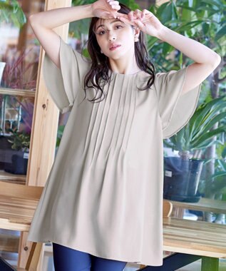 Tiaclasse L 【洗える】麻調ピンタックチュニックブラウス グレージュ