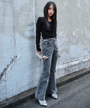 WEGO カットアウトリボンストレッチデニムフレアパンツ デニムブラックソノタ