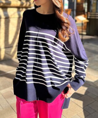 UNFILO 【抗菌防臭】スタイルアップニット　クルーネック ネイビー×ホワイト