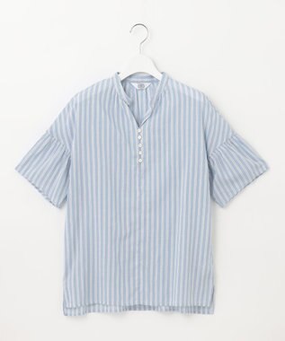 J.PRESS LADIES 【洗える】綿キュプラコードストライプ キーネック ブラウス ブルー系1