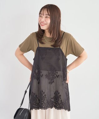 Green Parks スカラップ刺繍レースレイヤードキャミソール Black