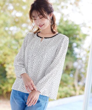 Tiaclasse 【洗える】大人上品な配色ピンタックブラウス オフドット