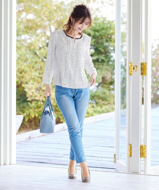 Tiaclasse 【洗える】大人上品な配色ピンタックブラウス オフドット