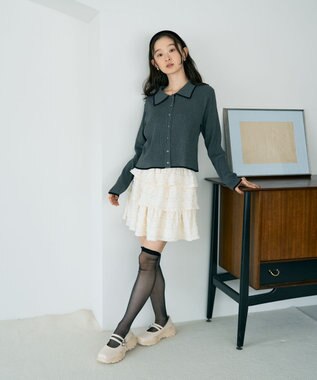 earth music&ecology バイカラートリムニットカーディガン Charcoal Gray