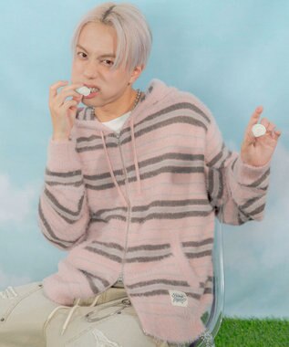 WEGO 【ユニセックス着用ITEM】シャギーボーダーニットパーカー ピンク